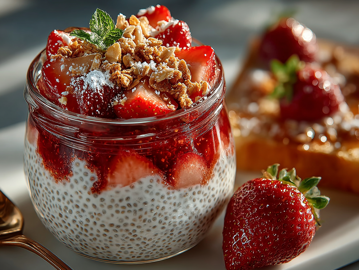 Chia seed pudding topped with fresh strawberries, granola, and mint in a glass jar.