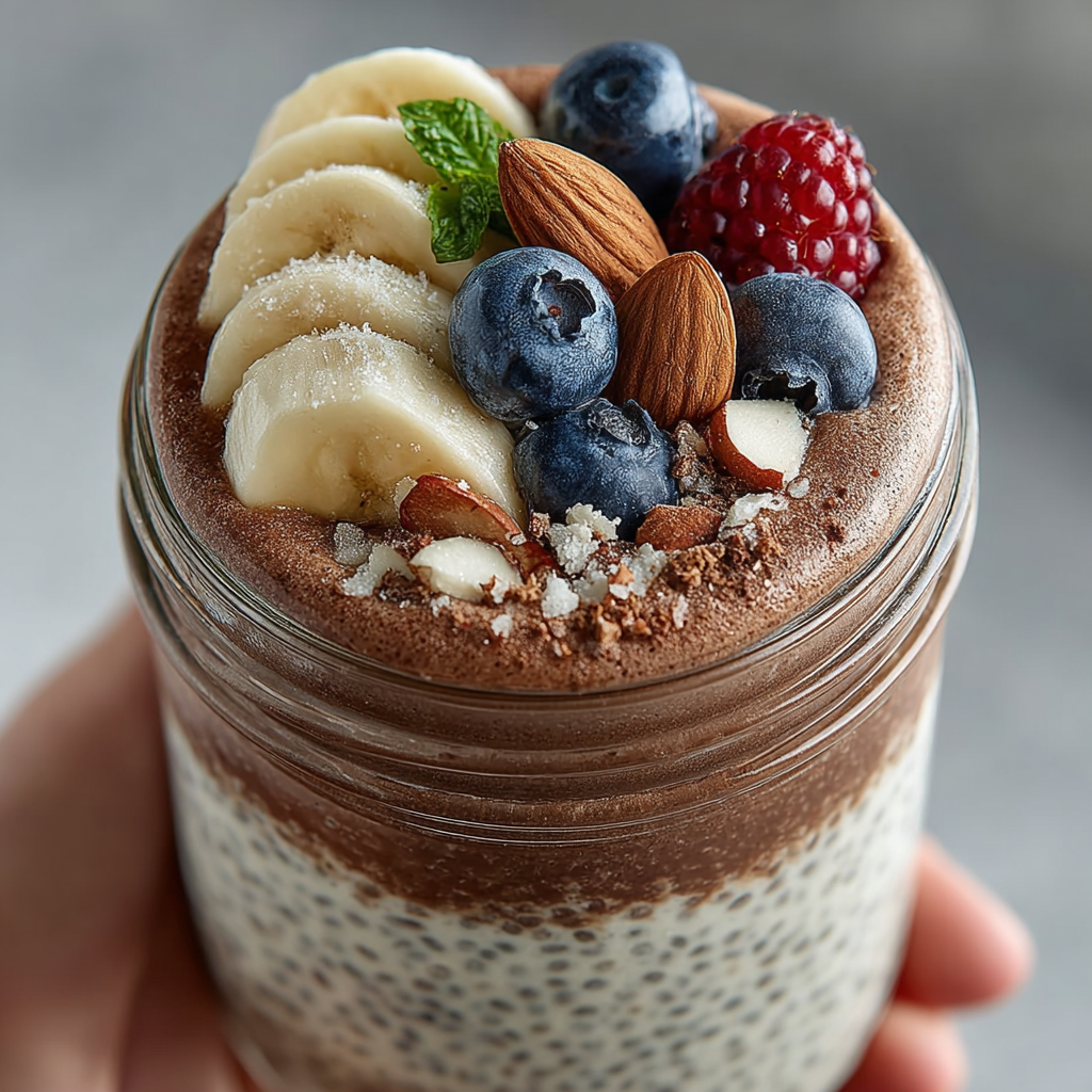 Vegan high protein meal prep: A close-up of a mason jar filled with chocolate overnight oats, topped with fresh banana slices and a sprinkle of nuts, representing a vegan high protein meal prep breakfast.