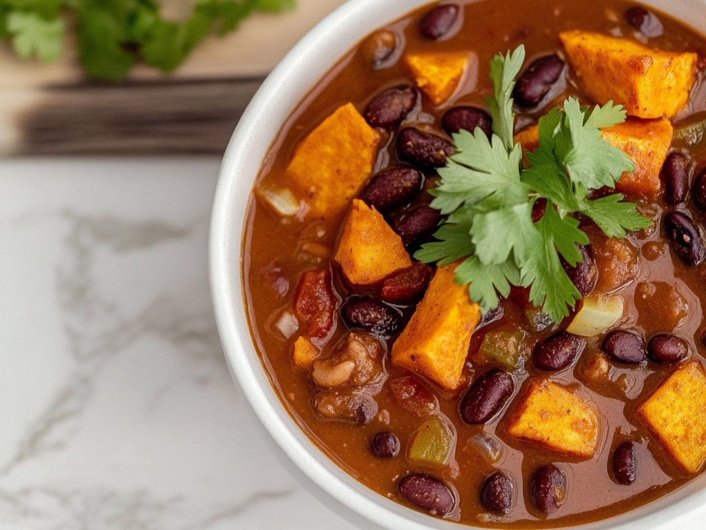 A comforting bowl of rich, dark bean chilli with sweet potato and topped with fresh cilantro. A key part of the best high protein meal preps on a budget.