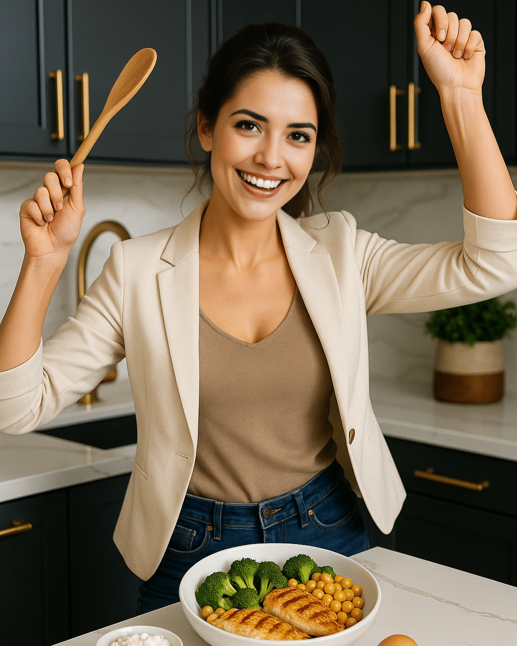 Recipe developer in a modern kitchen, holding a wooden spoon and posing with a protein-packed bowl of grilled chicken, chickpeas, and broccoli