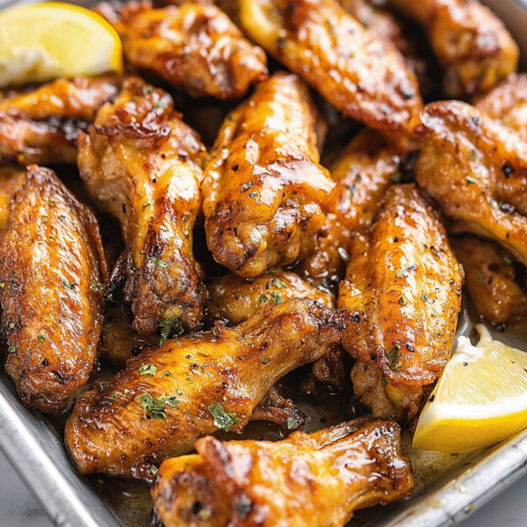 Lemon pepper wing sauce: A platter of saucy wings coated in glistening lemon pepper wing sauce, ready to eat.
