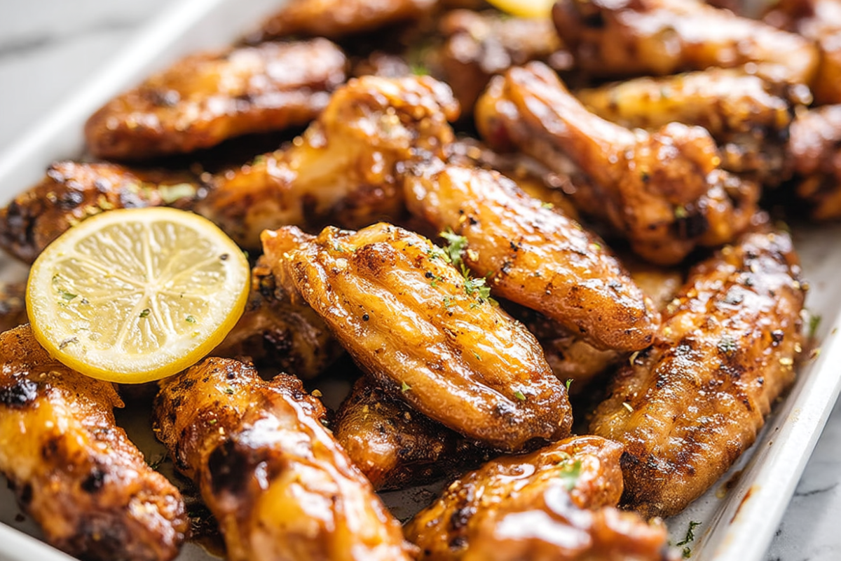 A bright bowl of glossy chicken wings tossed in a vibrant lemon pepper wing sauce.