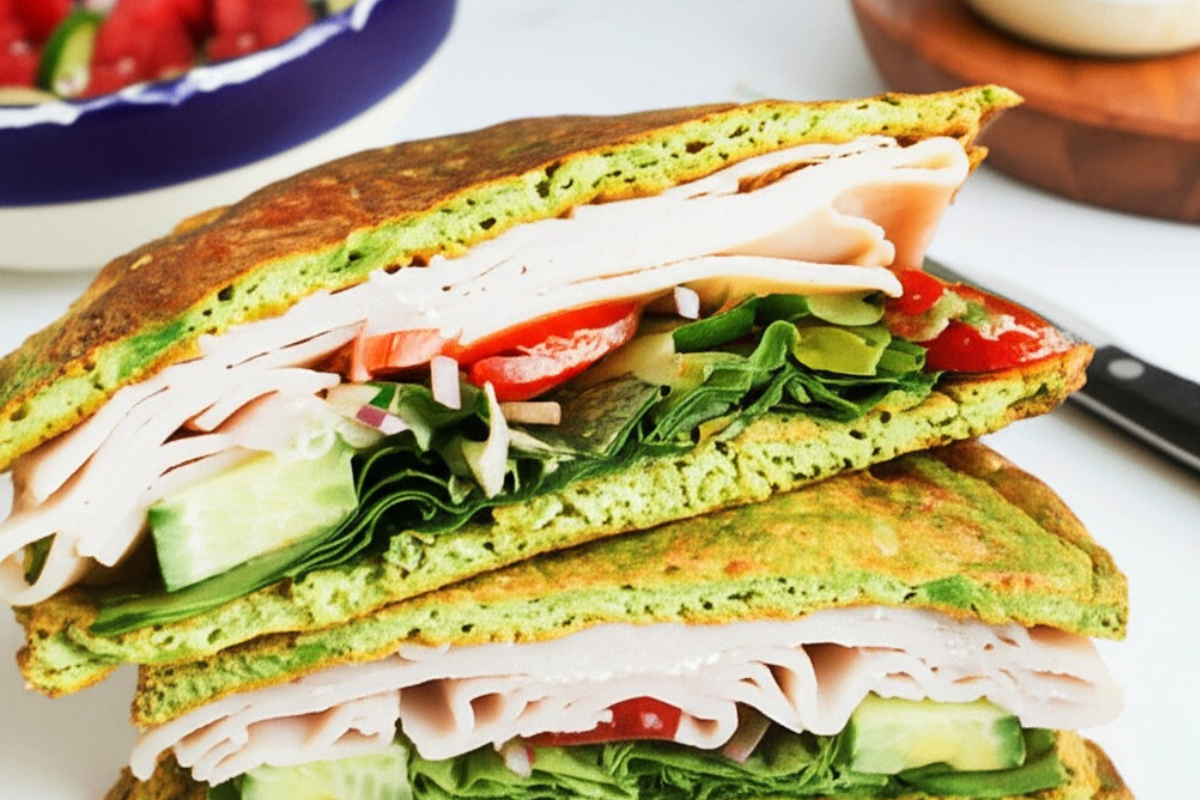 Sandwich made with vibrant green avocado bread, turkey slices, fresh spinach, cucumber, tomatoes, and onions.