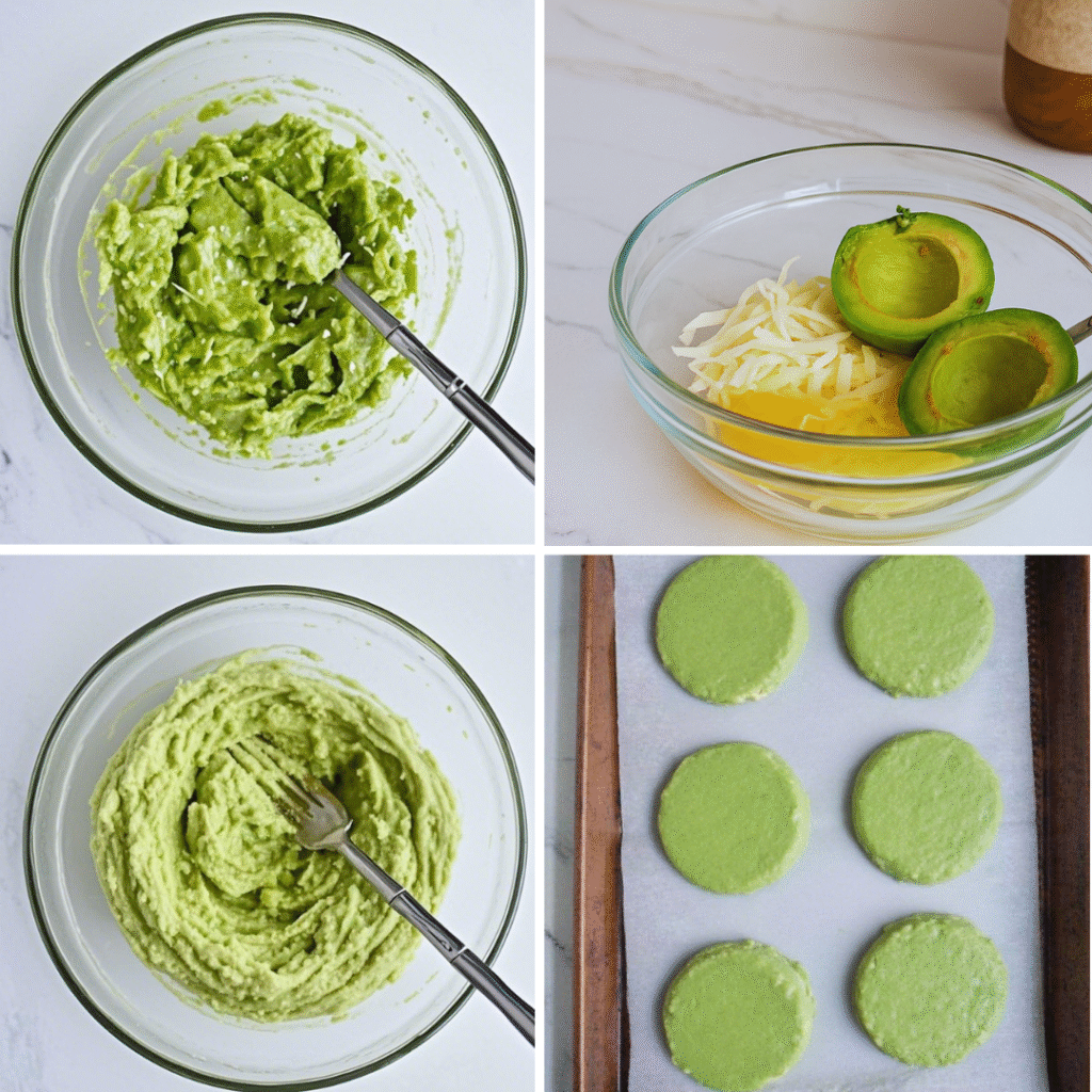 Step-by-step collage showing the process of making avocado bread: mixing avocado, eggs, and cheese, and shaping the dough into rounds on a baking sheet.