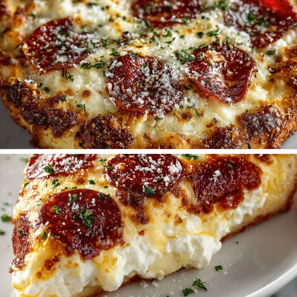 high protein pizza crust: Close up of a high protein pizza with a golden crust, cottage cheese base, melted mozzarella, and pepperoni slices.