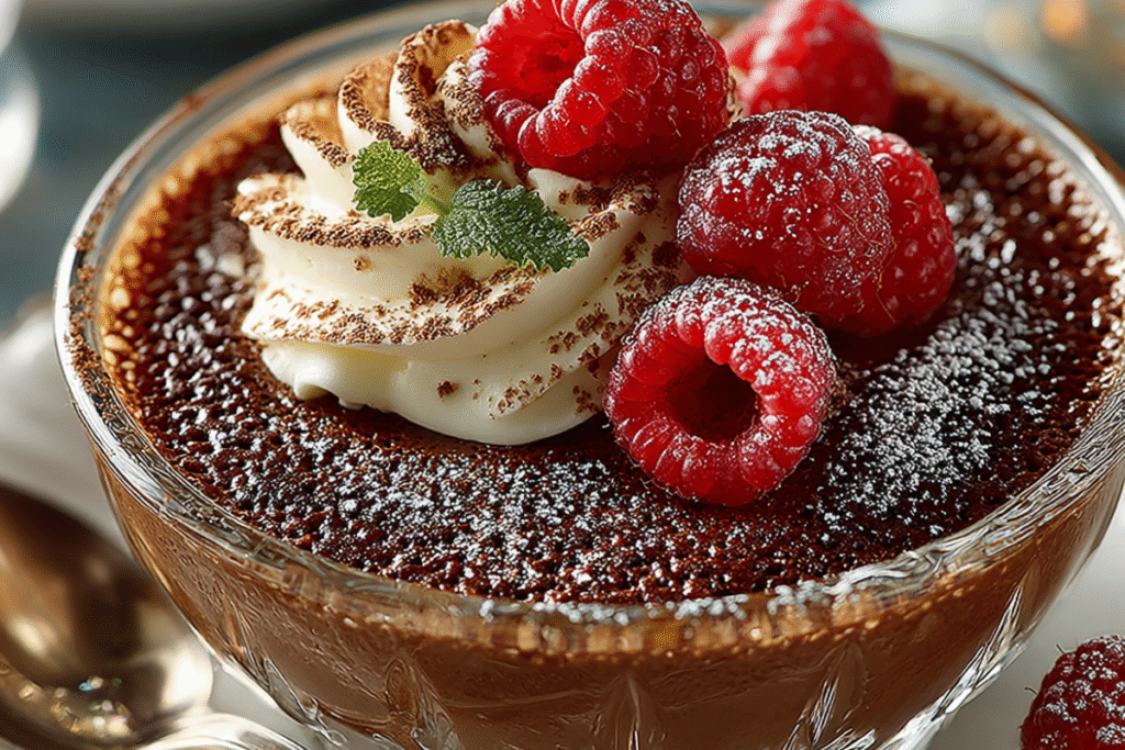 A serving of the healthy chocolate sugar free dessert with chocolate protein powder in a glass ramekin, topped with raspberries.