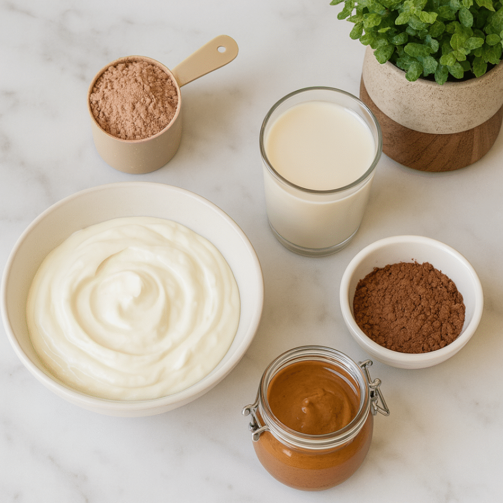 healthy chocolate sugar free dessert with chocolate protein powder: