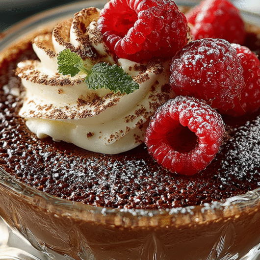 A serving of the healthy chocolate sugar free dessert with chocolate protein powder in a glass ramekin, topped with raspberries.