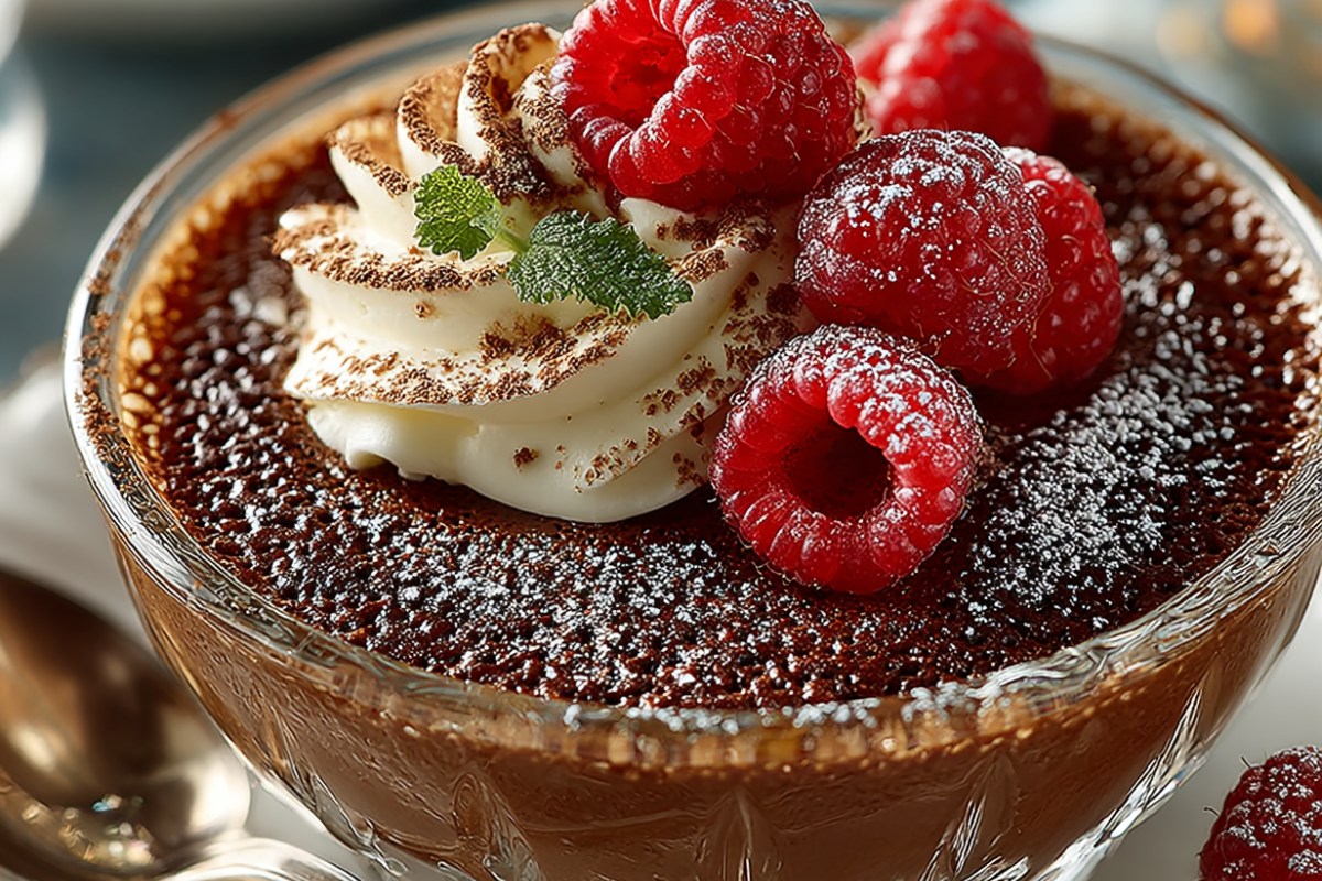 A serving of the healthy chocolate sugar free dessert with chocolate protein powder in a glass ramekin, topped with raspberries.