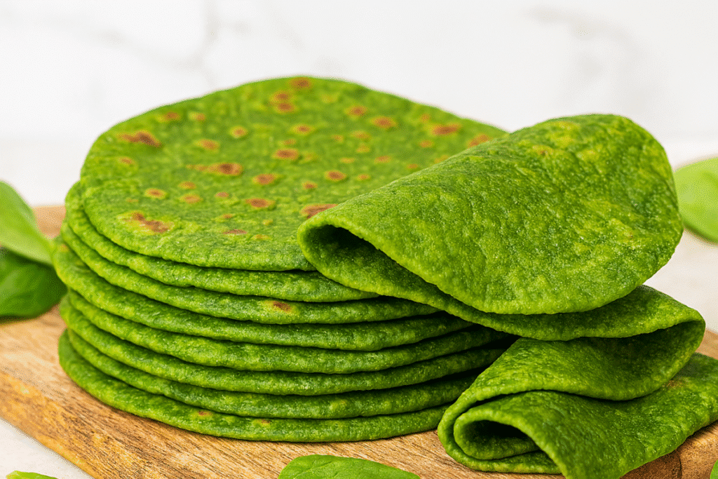 A vibrant green spinach oat bread stack on a wooden board.