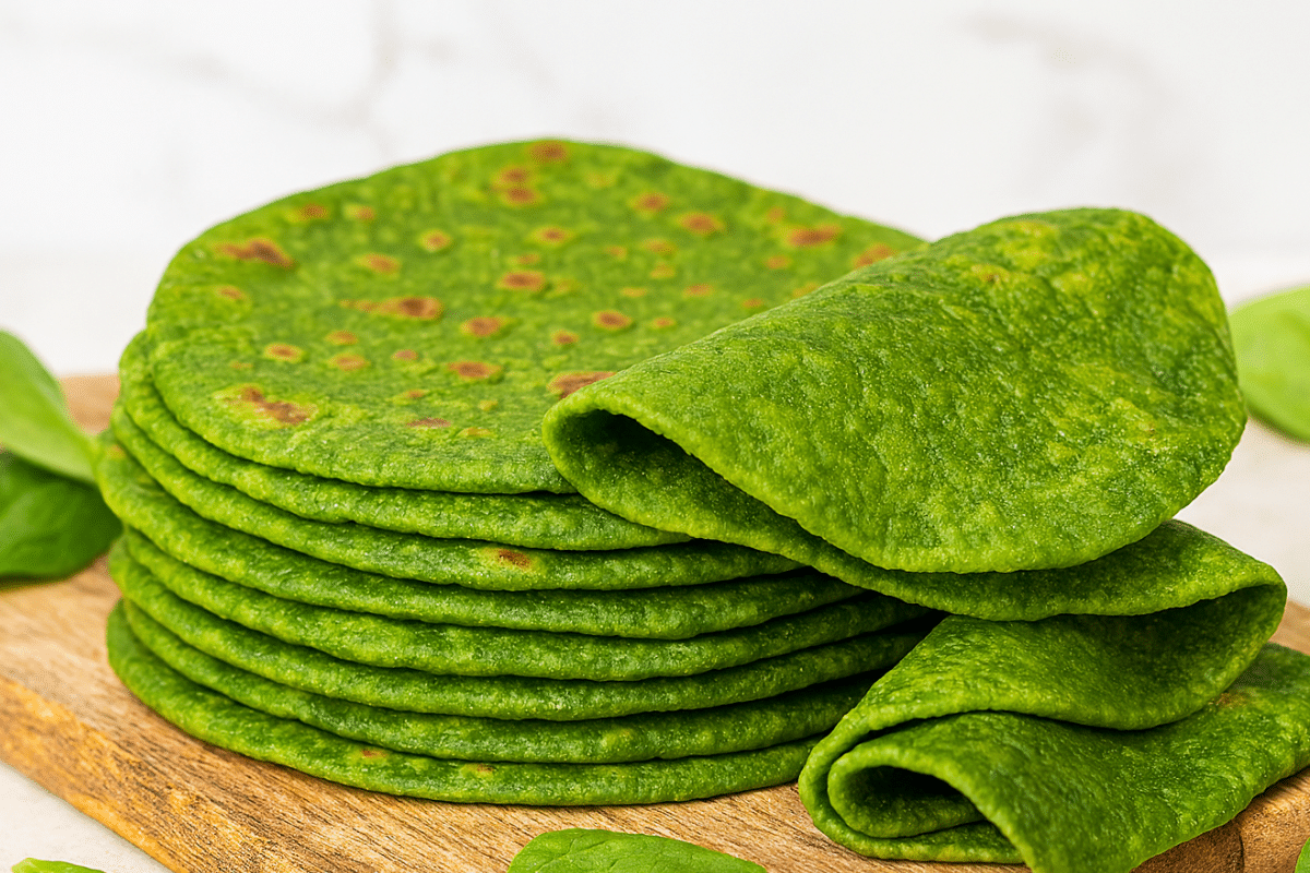 A vibrant green spinach oat bread stack on a wooden board.