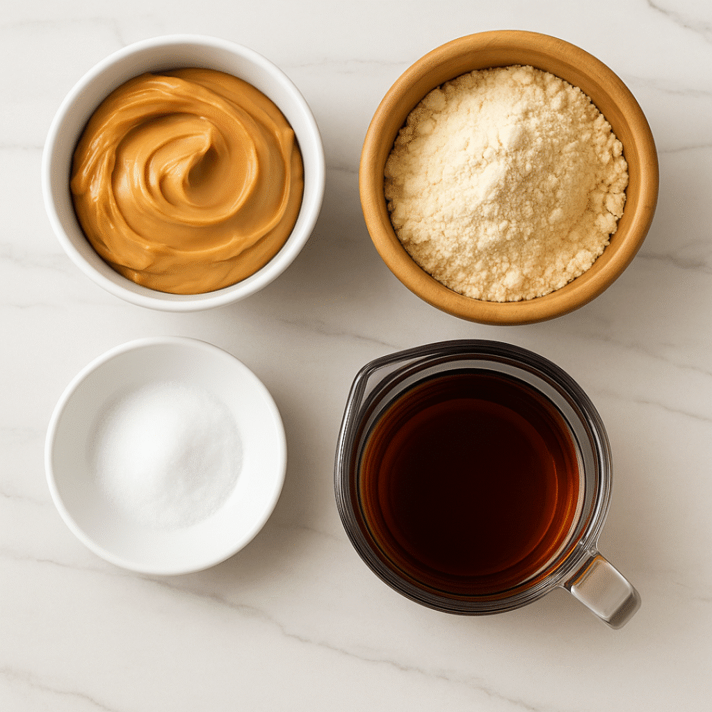 Homemade protein bars recipe: Four simple ingredients for homemade protein bars: peanut butter, protein powder, sweetener, and maple syrup, displayed in bowls on a marble surface.