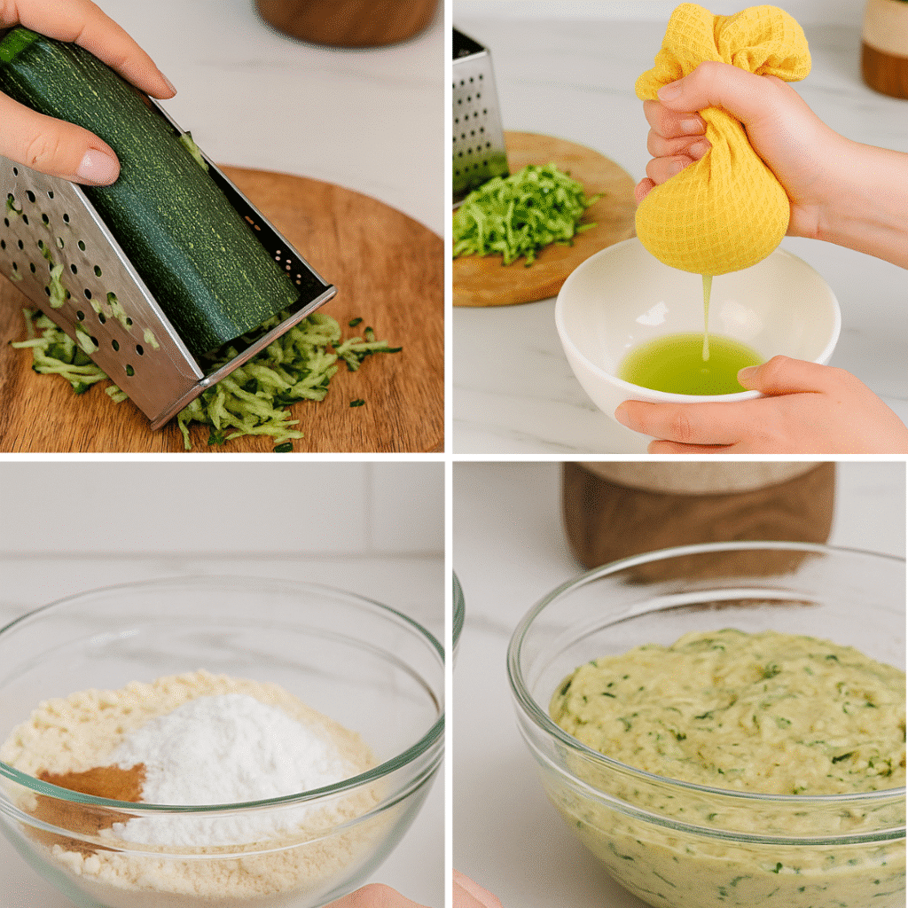 Step-by-step collage of keto zucchini bread preparation: grating zucchini, squeezing out moisture, dry ingredients, and mixed batter.