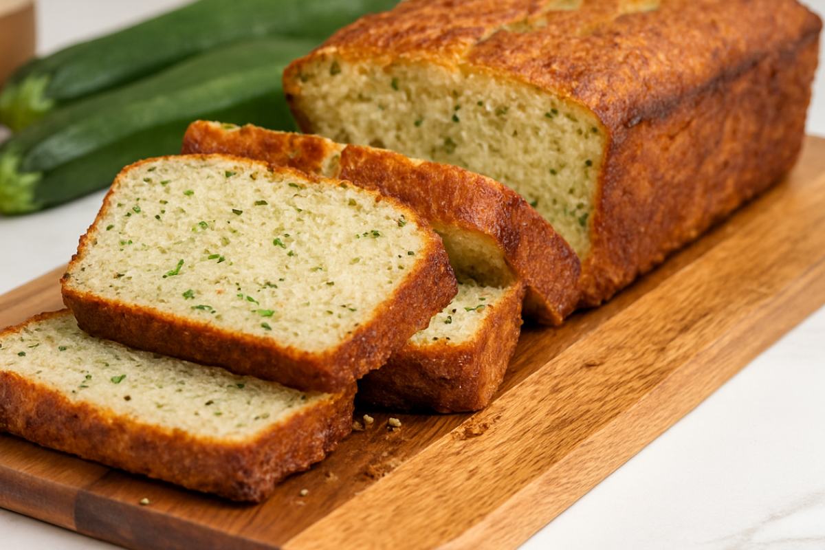 A sliced loaf of the best Keto Zucchini Bread with Almond Flour on a wooden board.