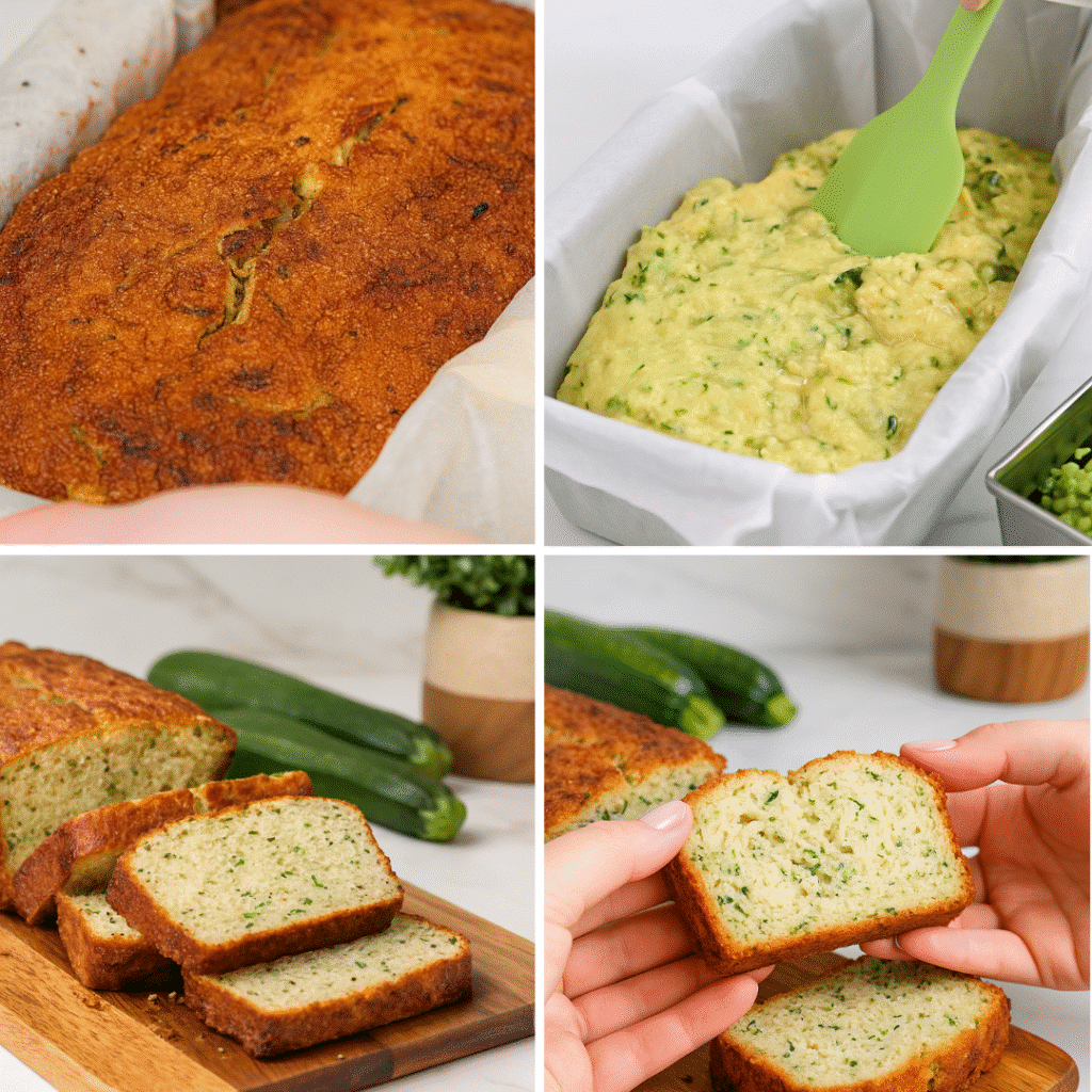 Step-by-step collage showing keto zucchini bread: batter preparation, baked loaf, sliced bread, and close-up of a moist slice.