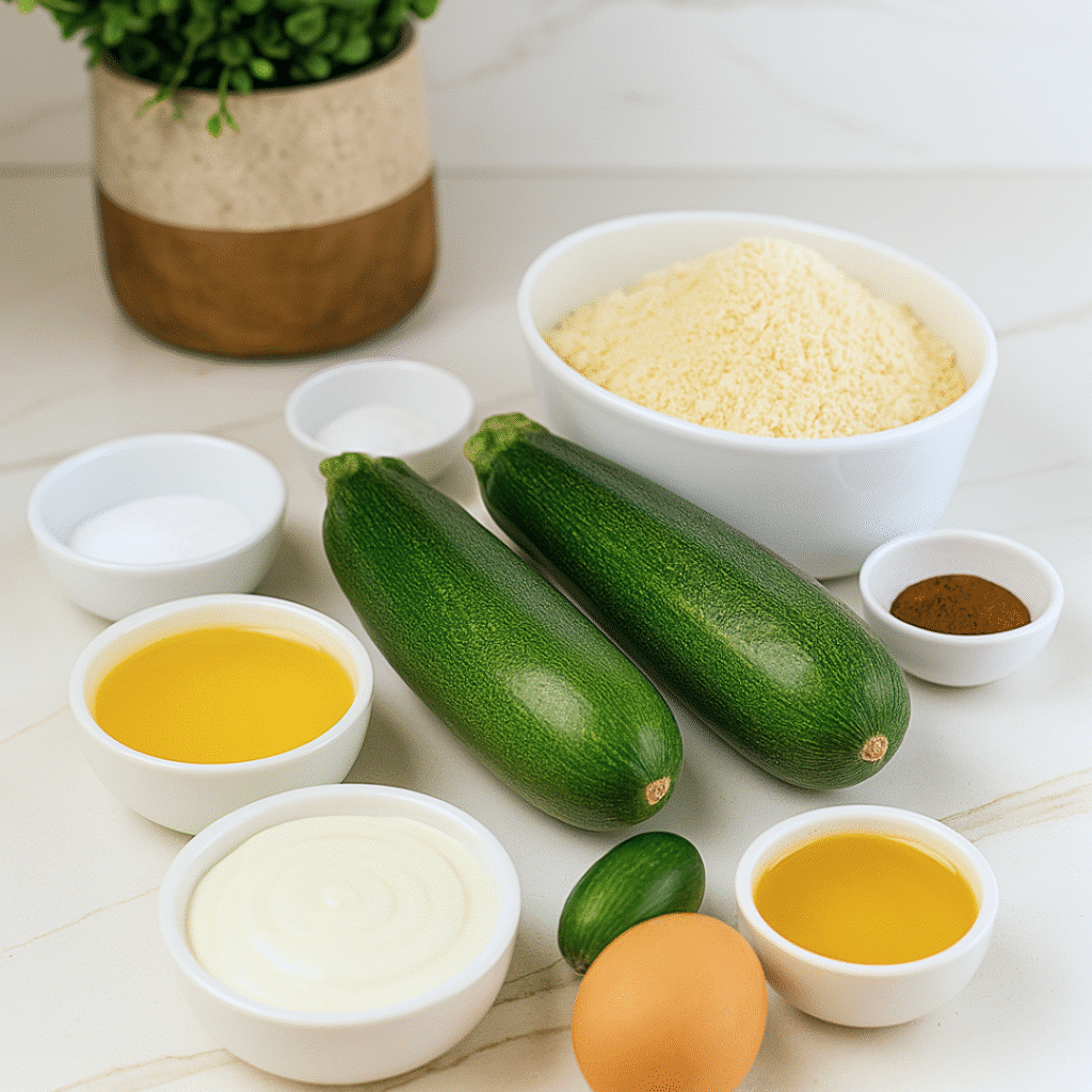 Keto Zucchini Bread: Ingredients for Keto Zucchini Bread with Almond Flour, including flour, zucchini, and eggs.