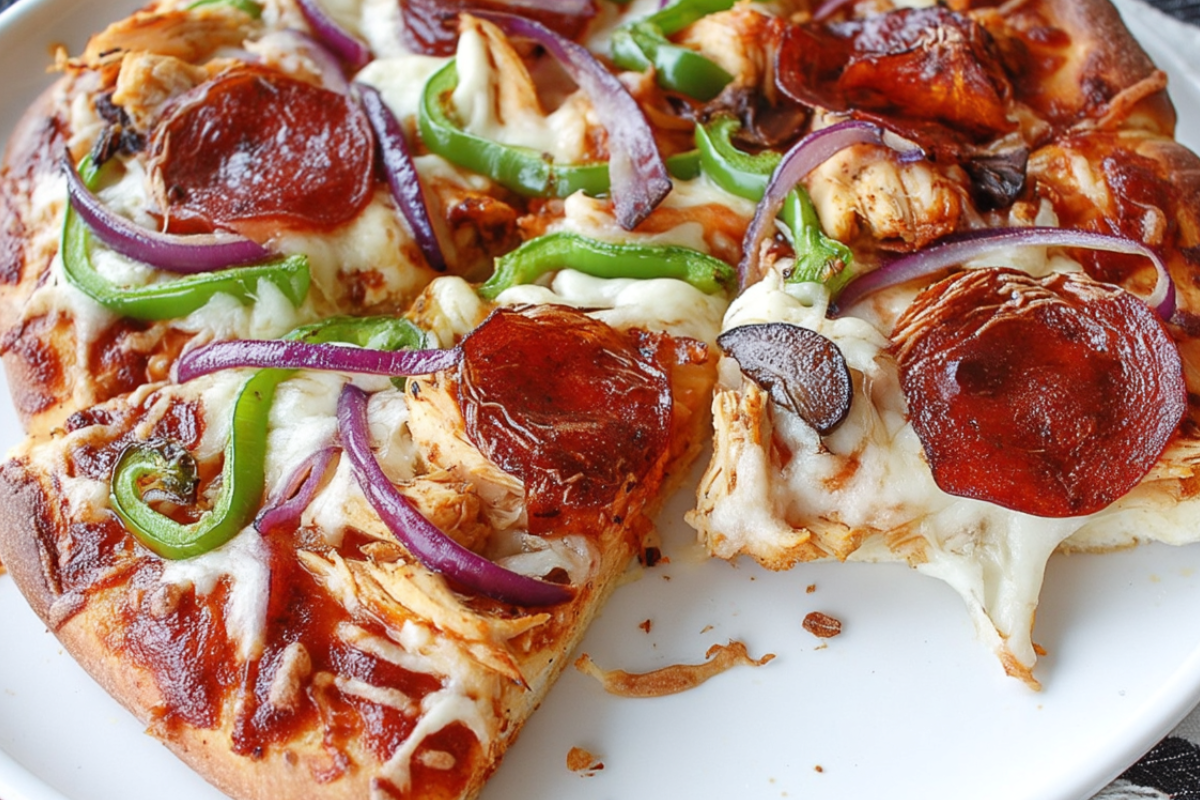 high protein pizza slice on white countertop
