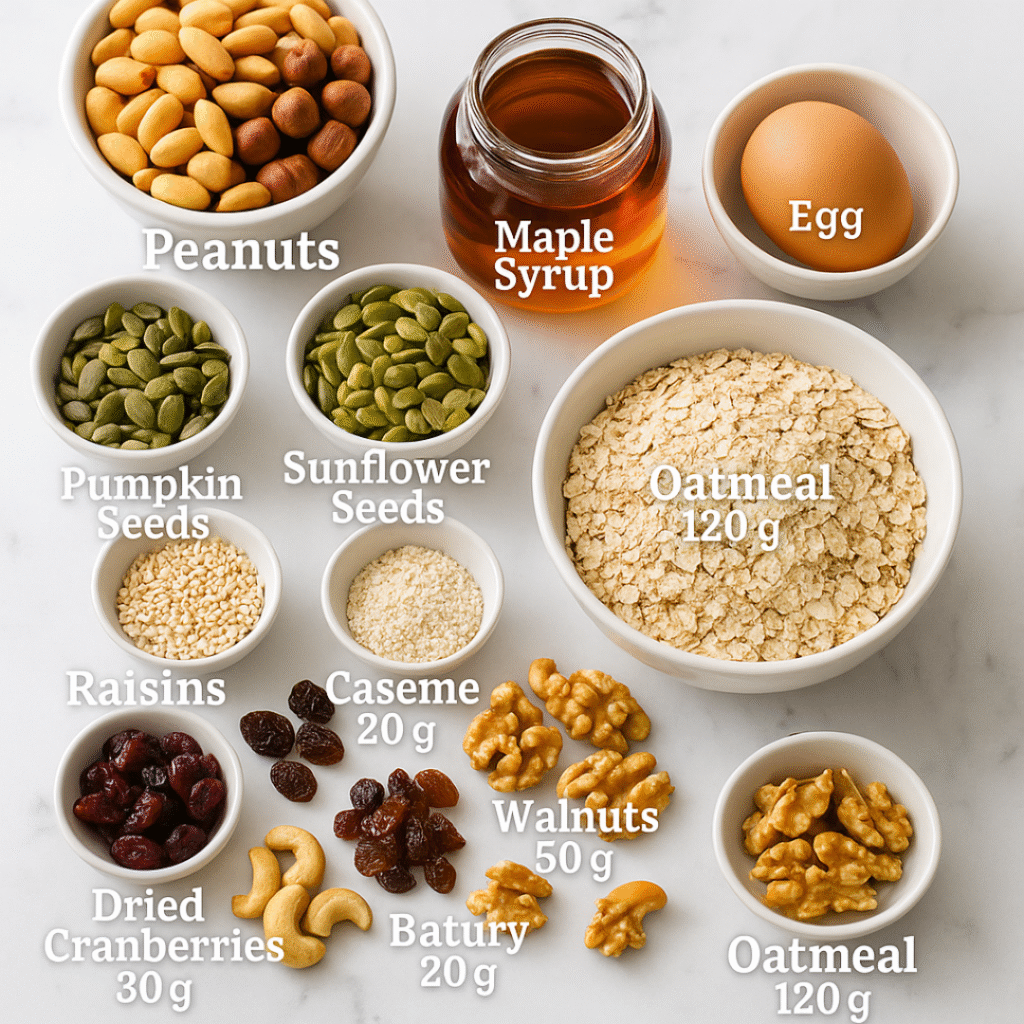Ingredients for no-flour sugar free sugar cookies, including various nuts, seeds, and dried fruits.
