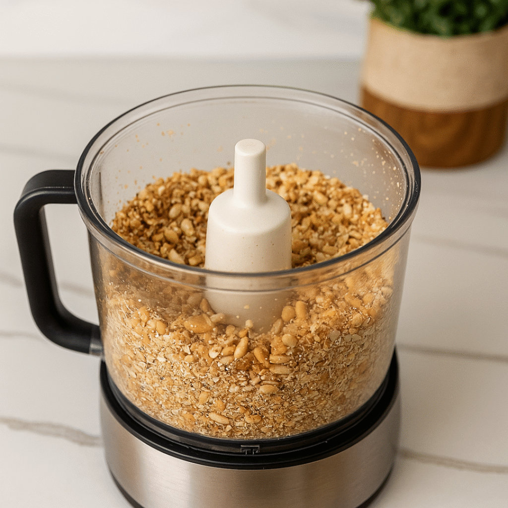 sugar free sugar cookies: Chopped nuts and seeds in a food processor for sugar-free sugar cookie dough, ready to mix on a kitchen counter.