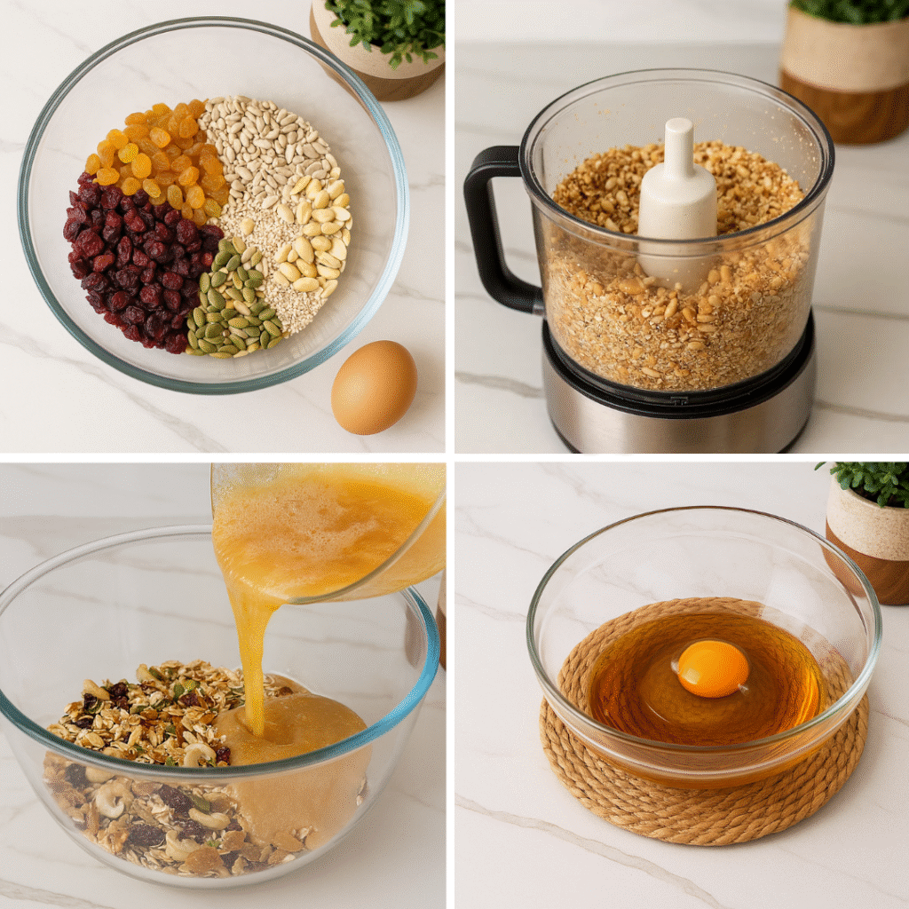 Step-by-step collage showing the process of making sugar-free sugar cookies, including seeds, dried fruit, eggs, and mixing ingredients.