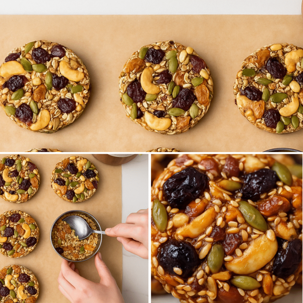 Sugar-free sugar cookies made with nuts, seeds, and dried fruit, shown on parchment paper and being shaped by hand.