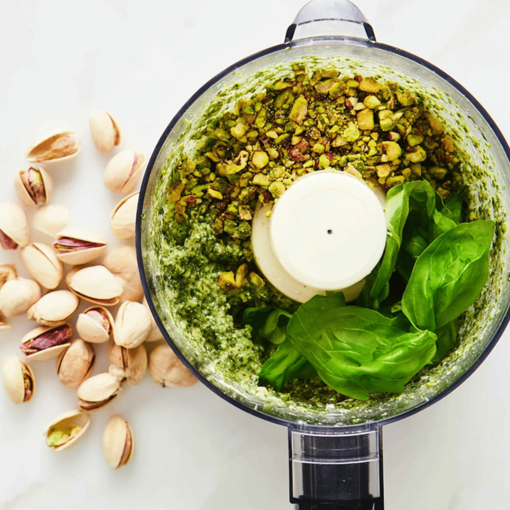 Pistachio Pesto: The solid ingredients for Pistachio Pesto pulsed together in a food processor.
