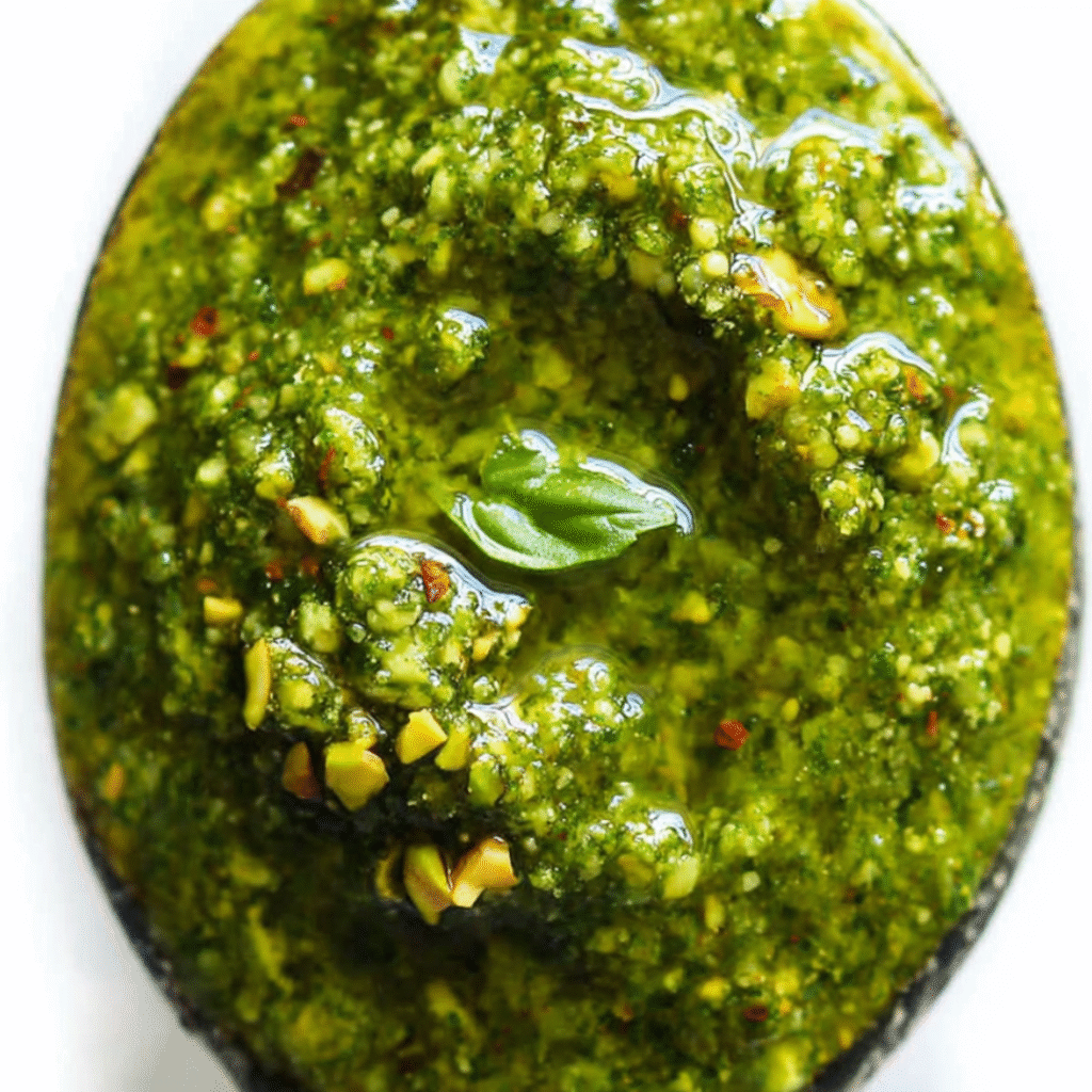 Pistachio Pesto: Featured image of the finished Pistachio Pesto in a beautiful bowl, garnished with pistachios and basil leaves.
