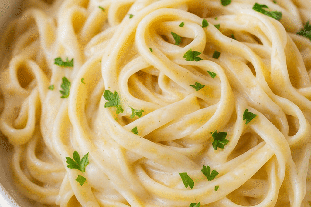 A bowl of pasta with creamy vegan alfredo sauce without cashews.