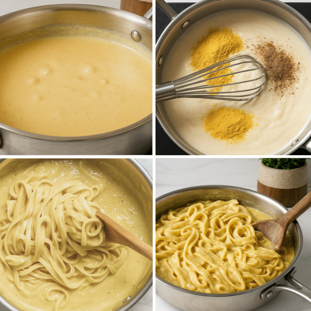 Four-step process of making vegan Alfredo sauce without cashews, showing a creamy sauce in a saucepan, spices being whisked in, fettuccine noodles mixed in the sauce, and the final creamy vegan Alfredo pasta in a pan.