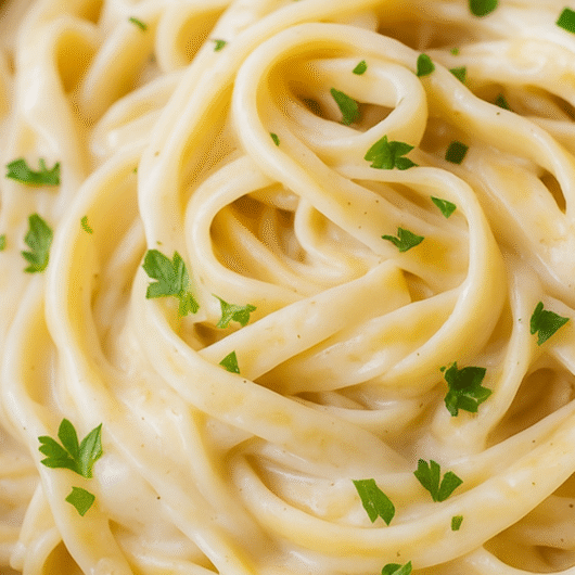 A bowl of pasta with creamy vegan alfredo sauce without cashews.