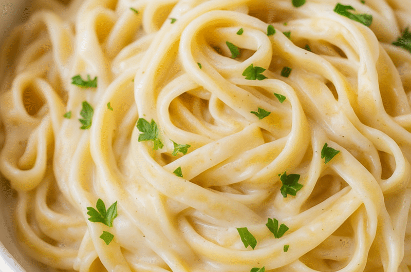 A bowl of pasta with creamy vegan alfredo sauce without cashews.