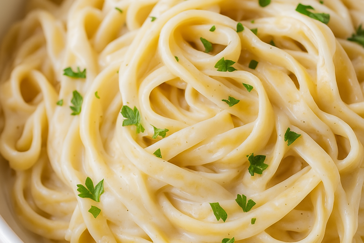 A bowl of pasta with creamy vegan alfredo sauce without cashews.