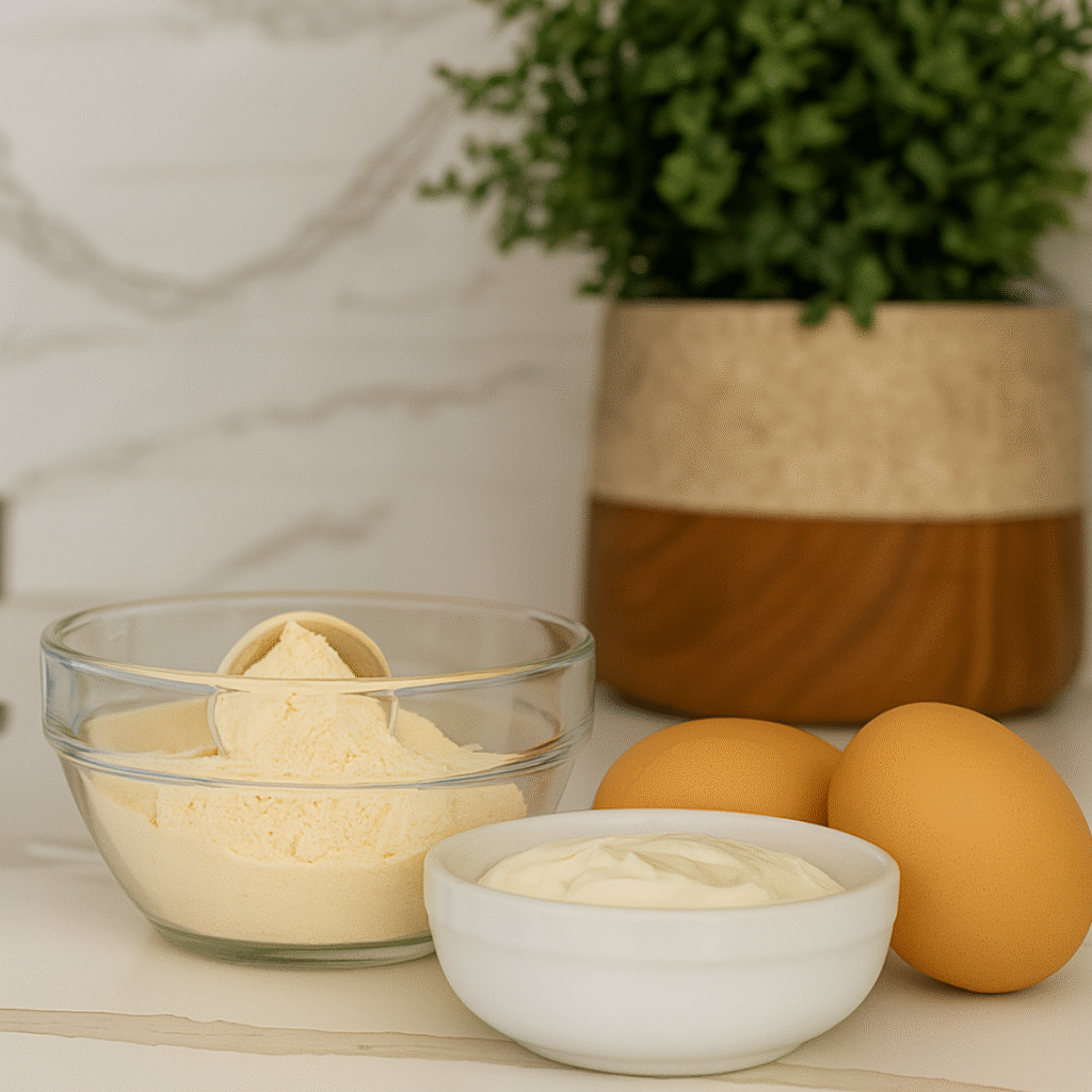 Vanilla protein powder, eggs, and Greek yogurt on a marble surface