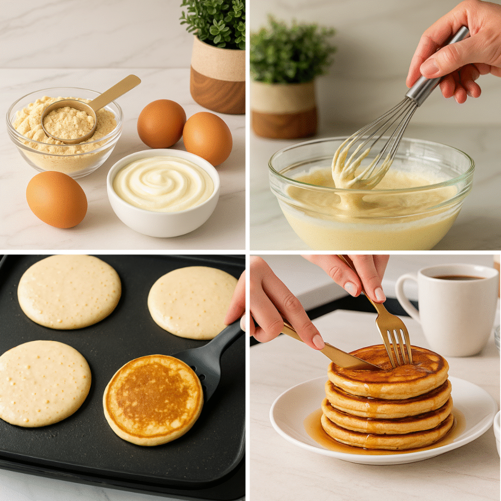 3 ingredient protein pancakes: Step-by-step collage showing the process of making 3 ingredient protein pancakes with eggs, protein powder, and yogurt.