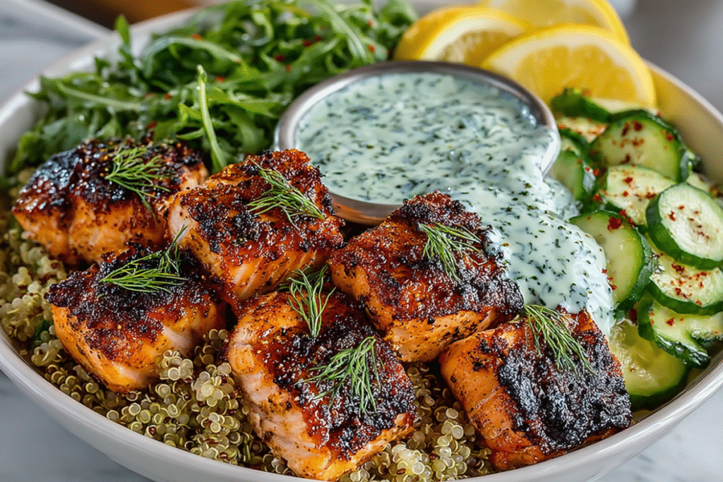 A vibrant and healthy salmon quinoa bowl recipe drizzled with creamy dill sauce.