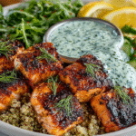 A vibrant and healthy salmon quinoa bowl recipe drizzled with creamy dill sauce.