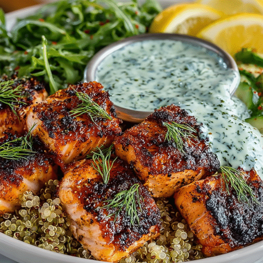 A vibrant and healthy salmon quinoa bowl recipe drizzled with creamy dill sauce.