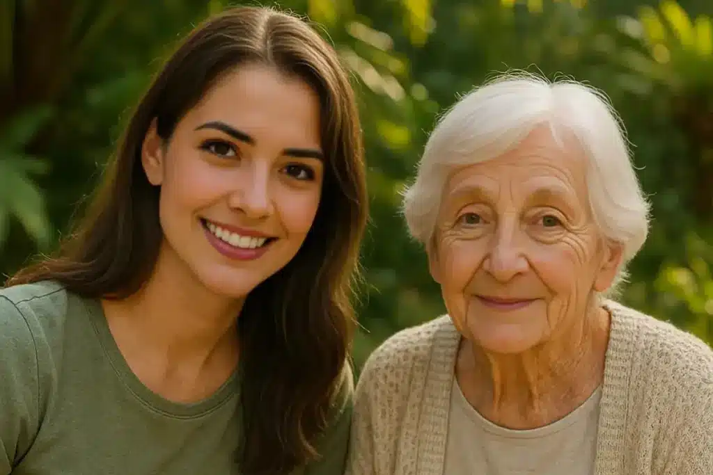 About 8 Next to my grandmother in a her outdoor setting, cherishing a heartfelt moment together.