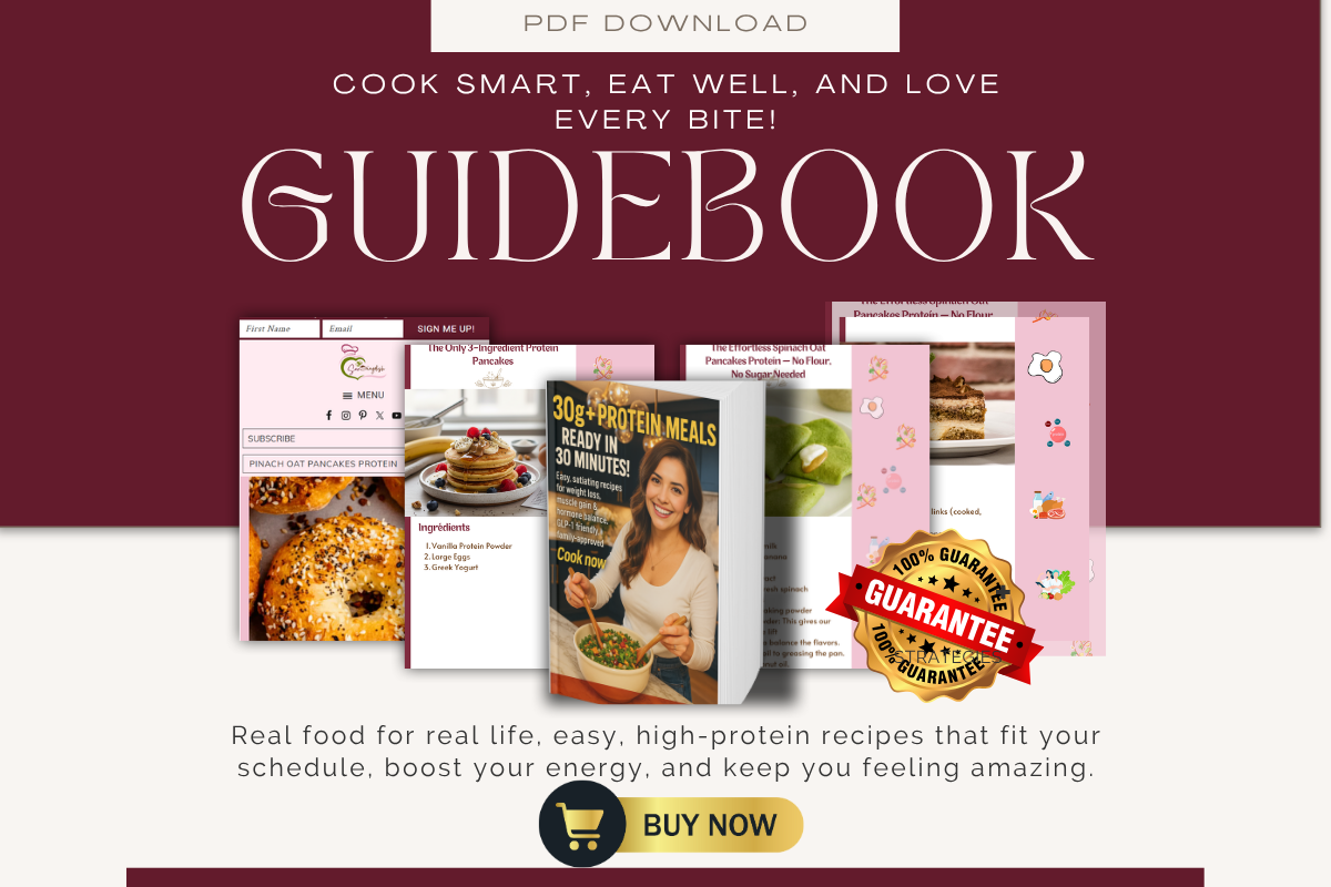 Promotional image for the 30g+ Protein Meals Guidebook PDF download, showing high-protein recipes, pancakes, and healthy meals with “Buy Now” button and 100% guarantee badge