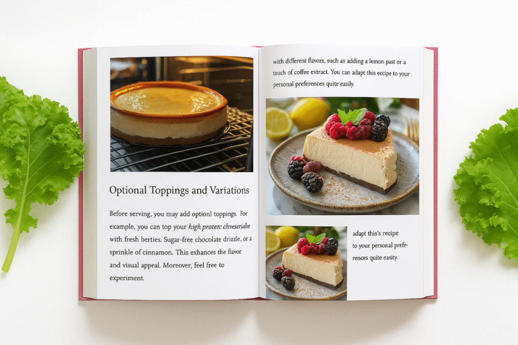 Open cookbook showing high-protein cheesecake recipe with optional toppings and variations, featuring fresh berries and healthy ingredients