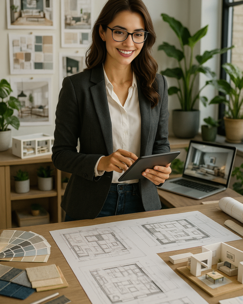 Amy, founder of Savoring Dish, stands at her design workspace holding a tablet, surrounded by architectural plans, color swatches, and decor samples, reflecting her blend of creativity and organization