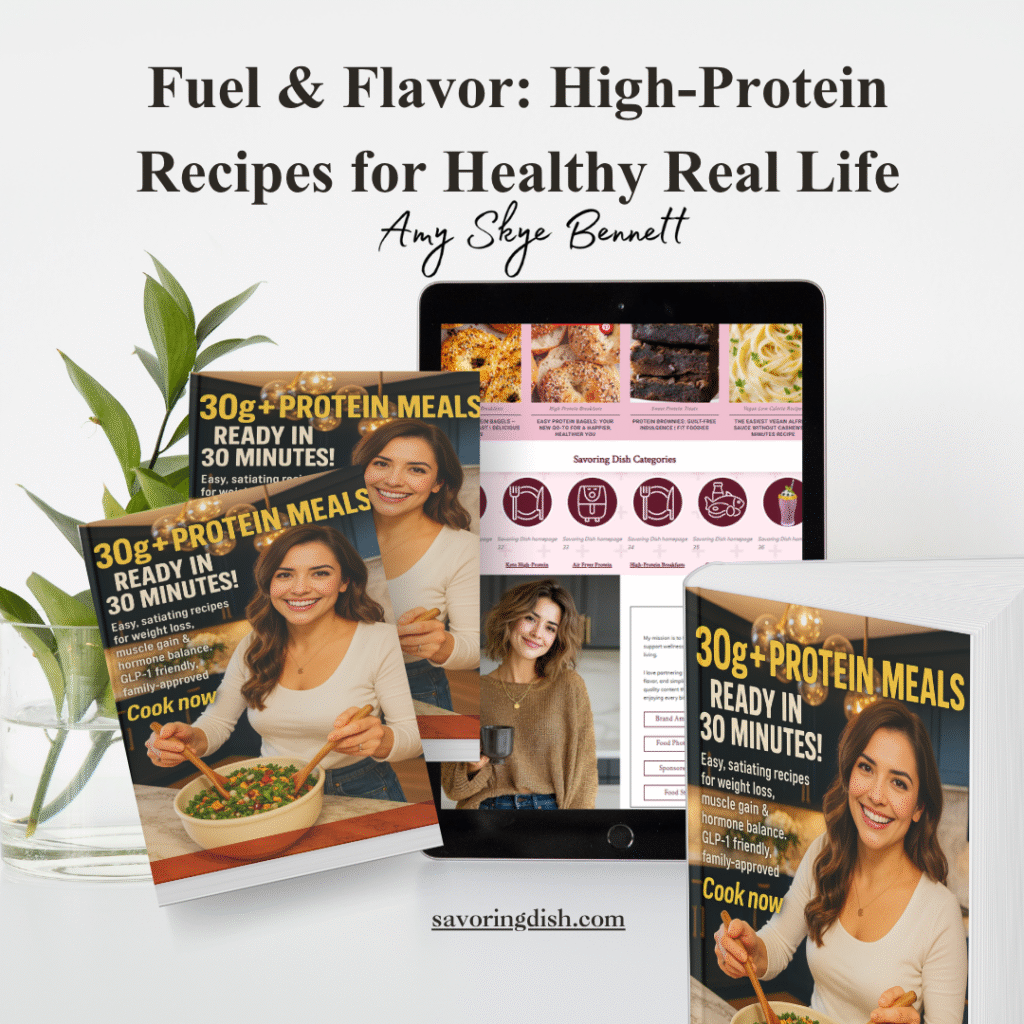 Promotional image for “Fuel & Flavor: High-Protein Recipes for Healthy Real Life” by Amy Skye Bennett, featuring the cookbook 30g+ Protein Meals Ready in 30 Minutes! alongside a laptop and fresh plants