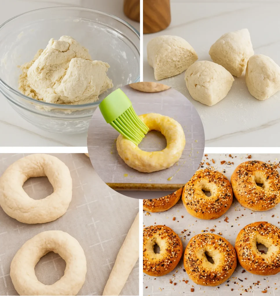 Easy Protein Bagels: Your New Go-To for a Happier, Healthier You 10 Step-by-step process of making homemade protein bagels, from mixing dough to shaping, brushing with egg wash, and baking into golden brown bagels topped with seasoning.