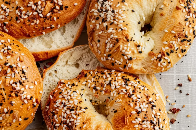 Savoring Dish homepage 19 Delicious protein bagels sliced with cream cheese.