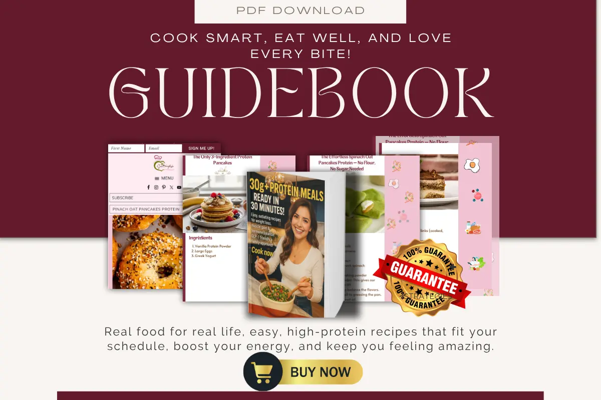 Home 34 Promotional image for the 30g+ Protein Meals Guidebook PDF download, showing high-protein recipes, pancakes, and healthy meals with “Buy Now” button and 100% guarantee badge